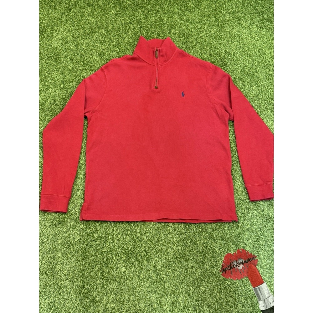 Polo L Ralph Lauren 1/4 Zip Mens XL Red Pullover Preppy Classic Knit Blue Pony